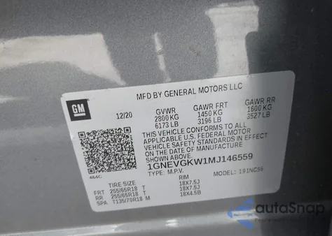 2021 Chevrolet Traverse Awd Lt Cloth from USA, damaged, VIN 1GNEVGKW1MJ146559